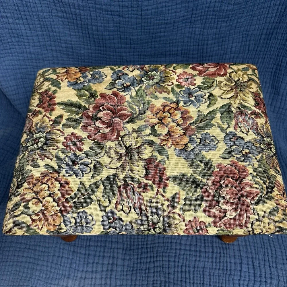 Vintage Wooden Tapestry Footstool Floral Upholstered Cushion Storage Bin Cottage
